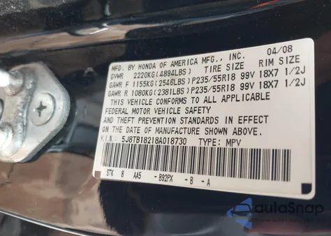 2008 Acura Rdx z USA, uszkodzony, nr VIN 5J8TB18218A018730
